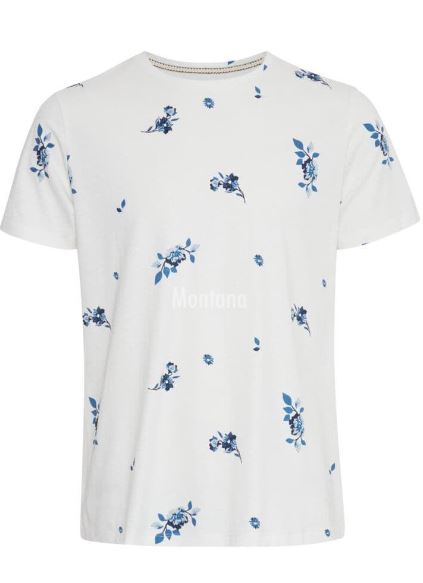 Blue Floral Motif T-Shirt - White