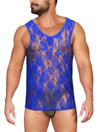Man wearing a blue lace tank top on a white background