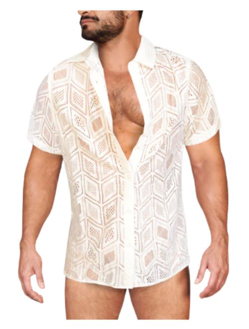 Sheer Mesh Geometric Shirt - White