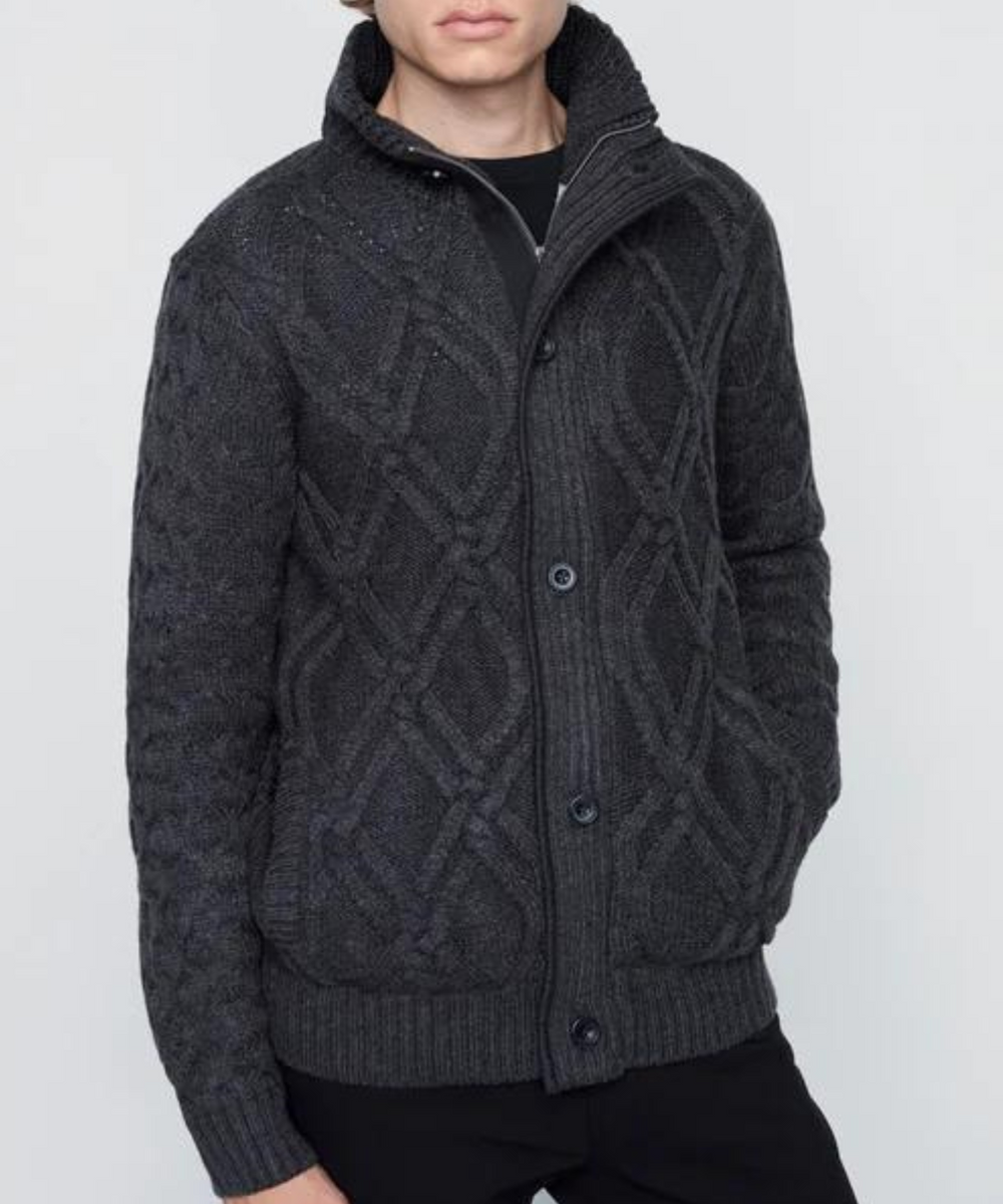 Full-Zip Mock Neck Cable Knit Cardigan