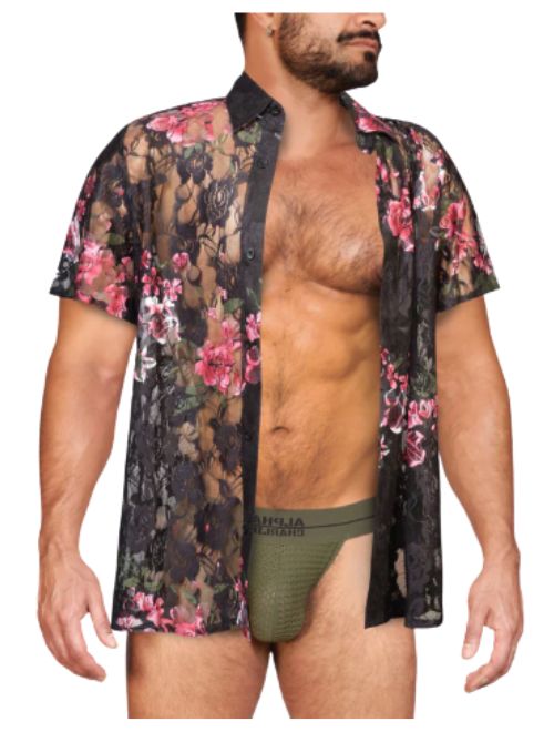 Sheer Mesh Floral Shirt - Black/Red