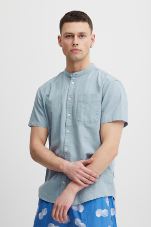 Linen/Cotton Stand Up Collar Shirt - Light Blue