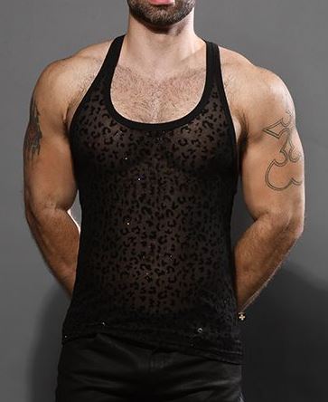 Sheer Glitter Leopard Tank Top - Black